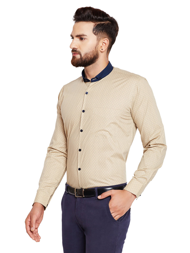 Men Beige Printed Slim Fit Pure Cotton Formal Shirt