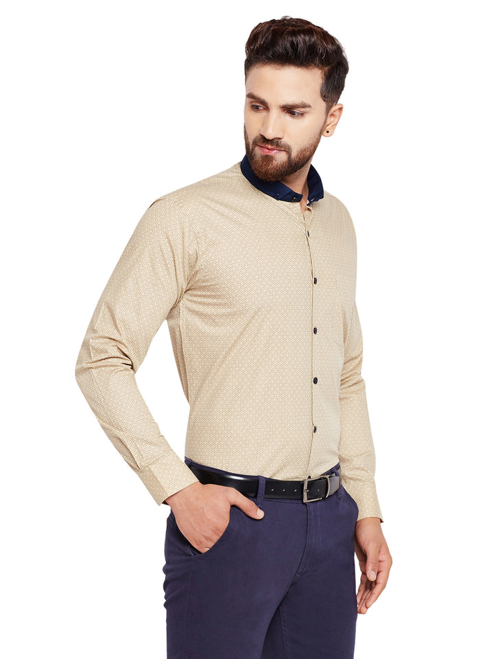 Men Beige Printed Slim Fit Pure Cotton Formal Shirt