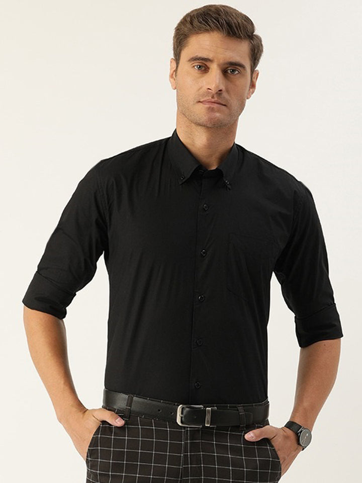 Men Black Pure Cotton Solid Button Down Collar Slim Fit  Formal Shirt