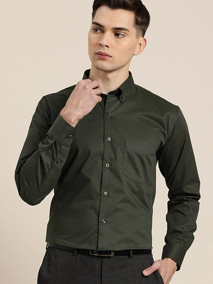 Men Olive Solid Button Down Collar Pure Cotton Regular Fit Formal Shirt