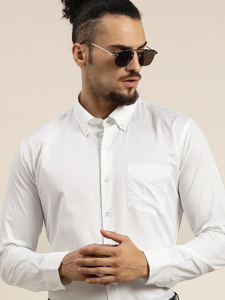 Men White Solid Slim Fit Pure Cotton Formal Shirt