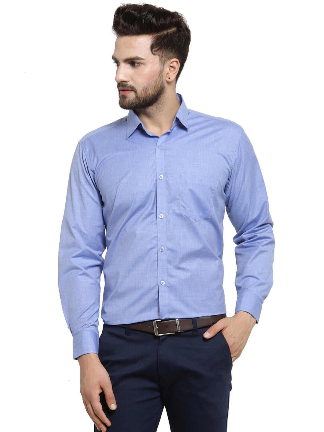 Men Blue Solid Slim Fit Pure Cotton Formal Shirt