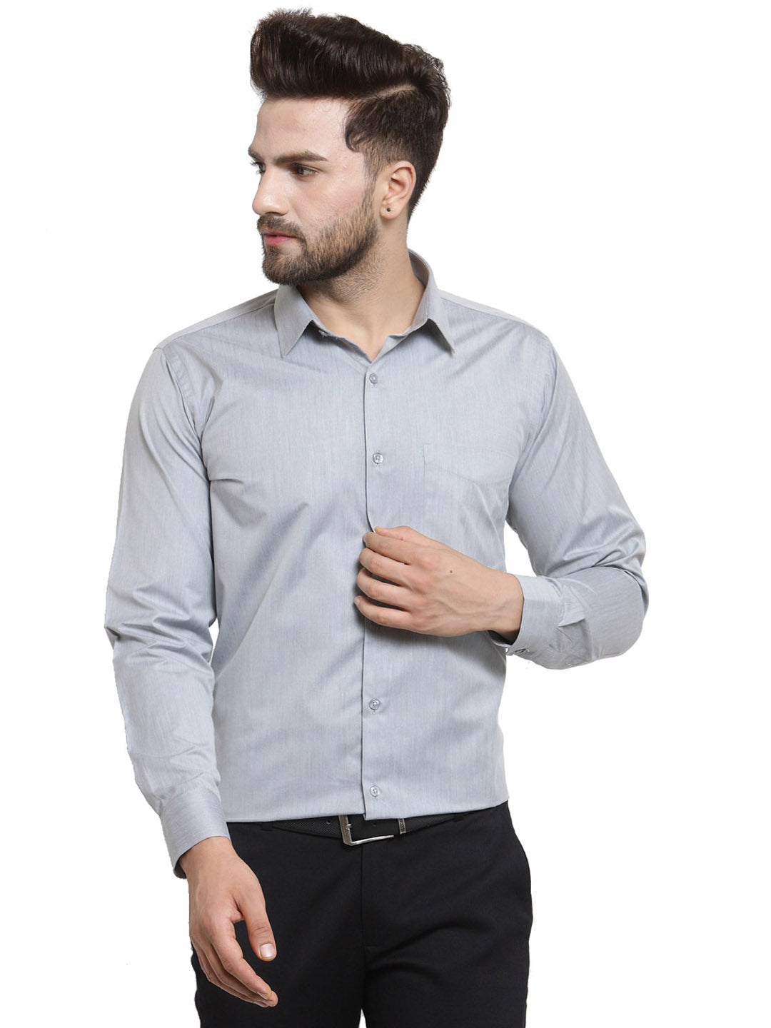 Men Grey Solid Slim Fit Pure Cotton Formal Shirt