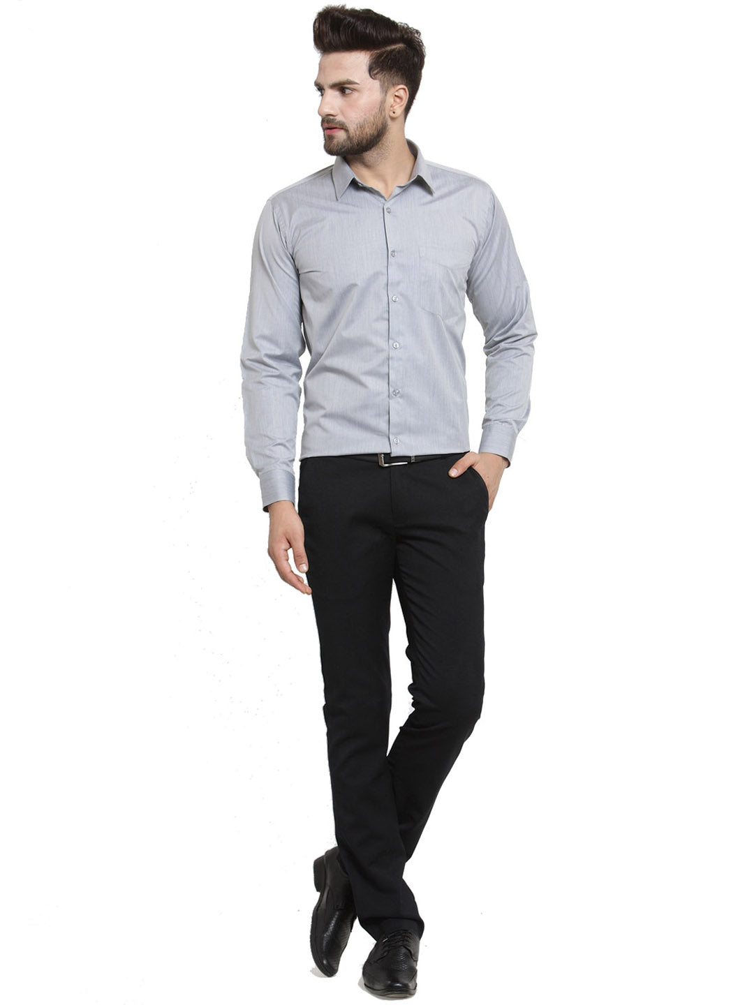 Men Grey Solid Slim Fit Pure Cotton Formal Shirt