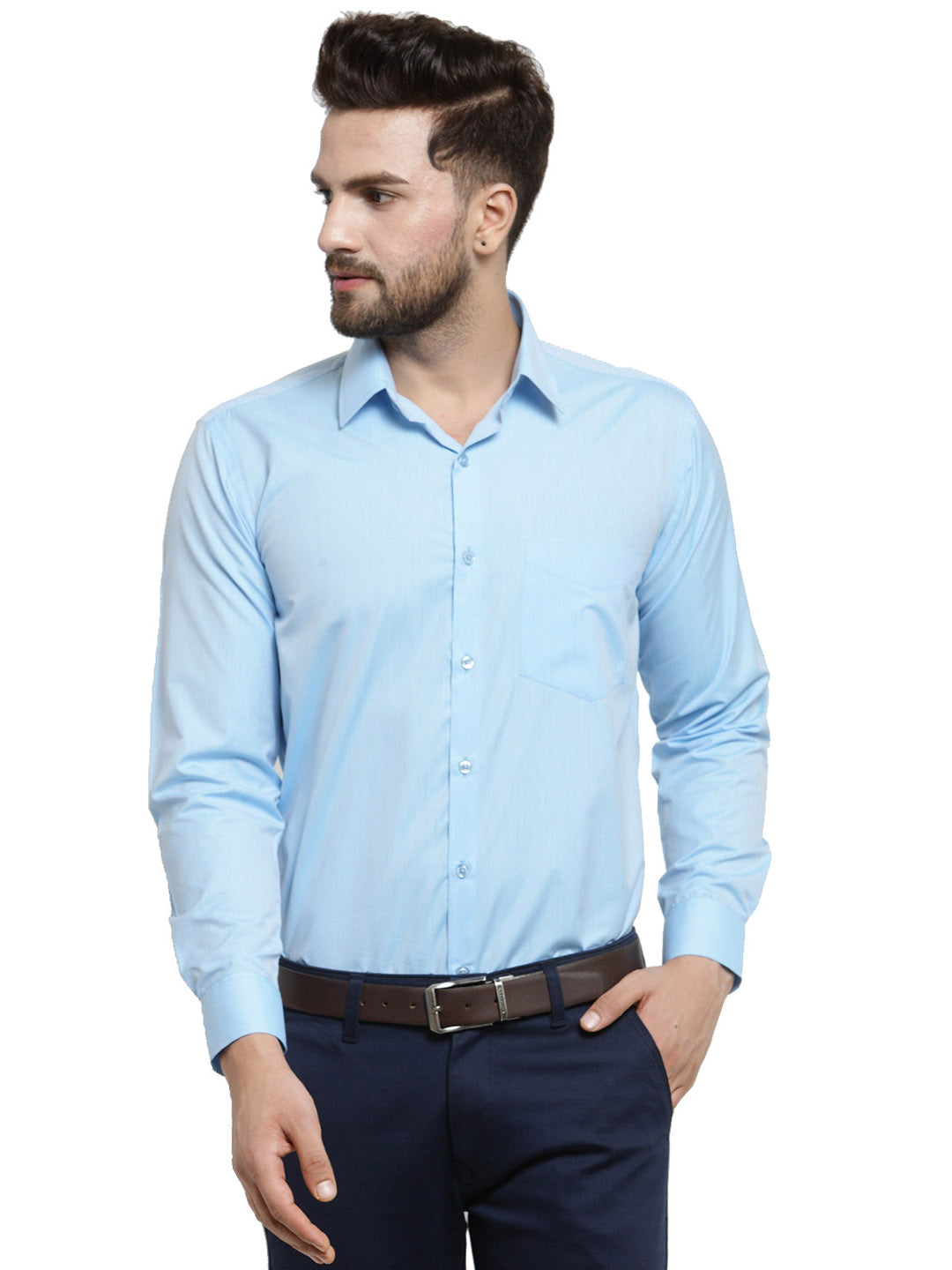 Men Sky Blue Solid Slim Fit Pure Cotton Formal Shirt