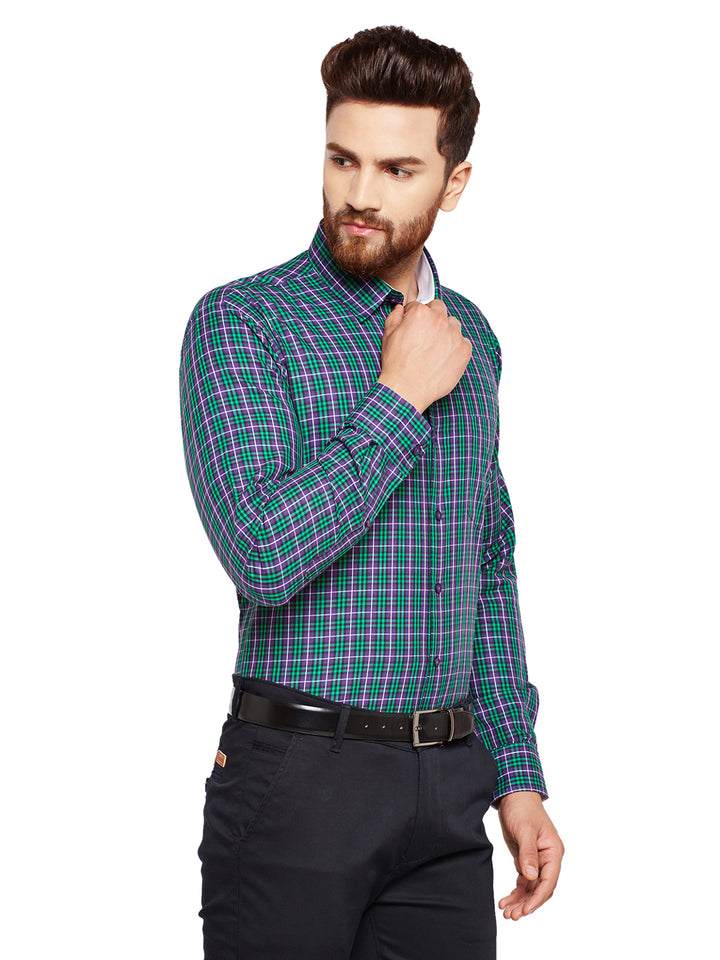 Men Purple Checks SlimFit Pure Cotton Formal Shirt