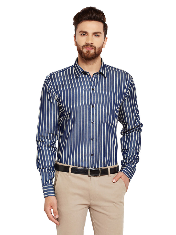 Men Navy Blue Stripes Slim Fit Pure Cotton Formal Shirt