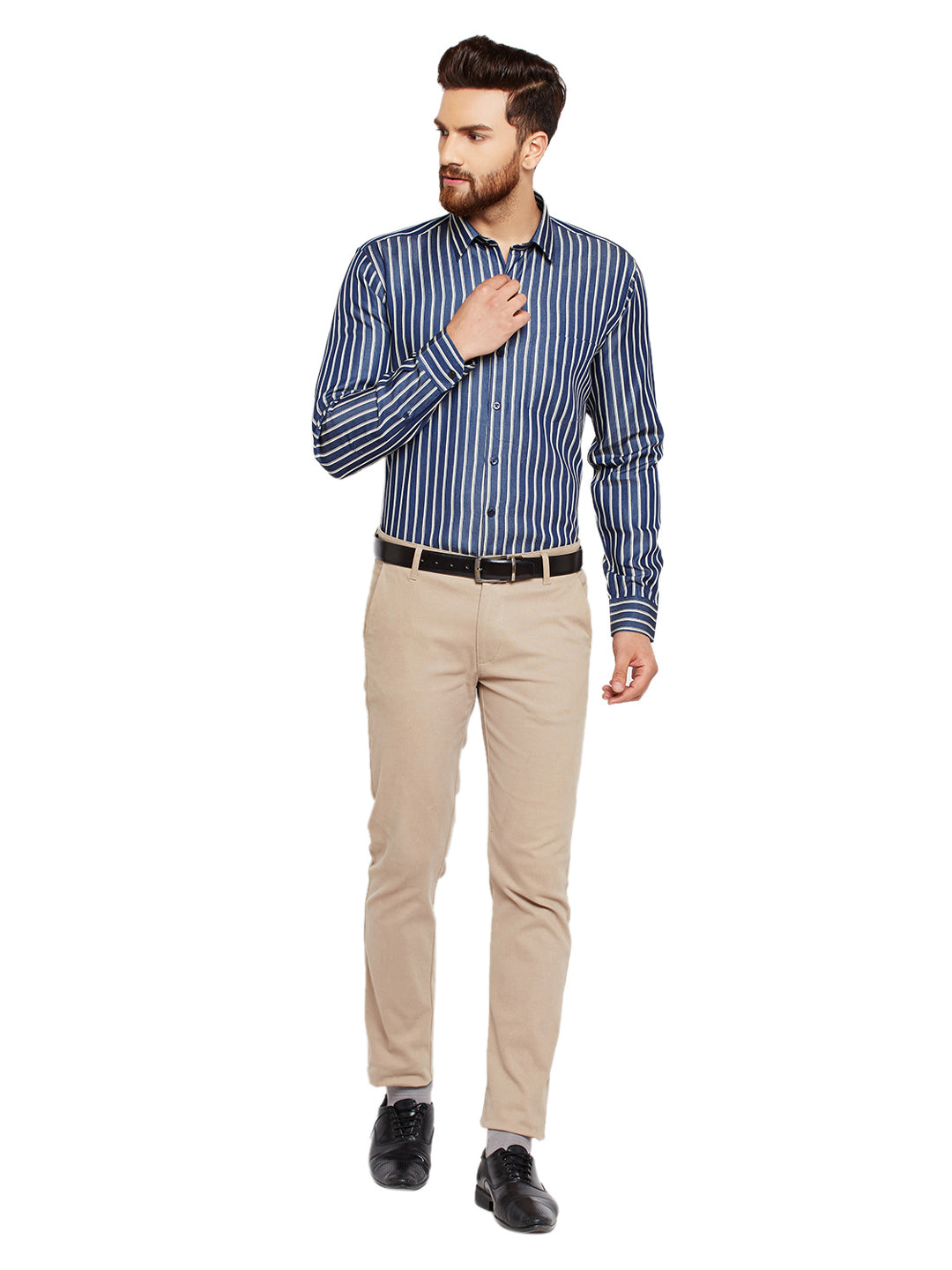 Men Navy Blue Stripes Slim Fit Pure Cotton Formal Shirt