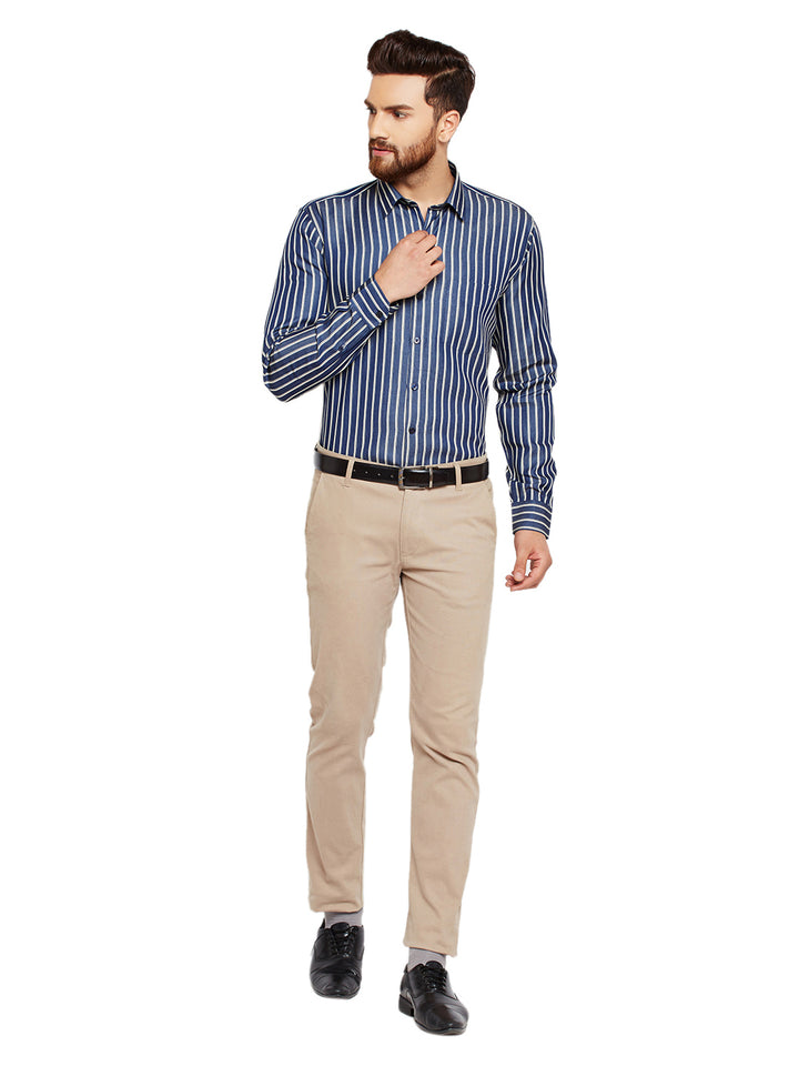 Men Navy Blue Stripes Slim Fit Pure Cotton Formal Shirt