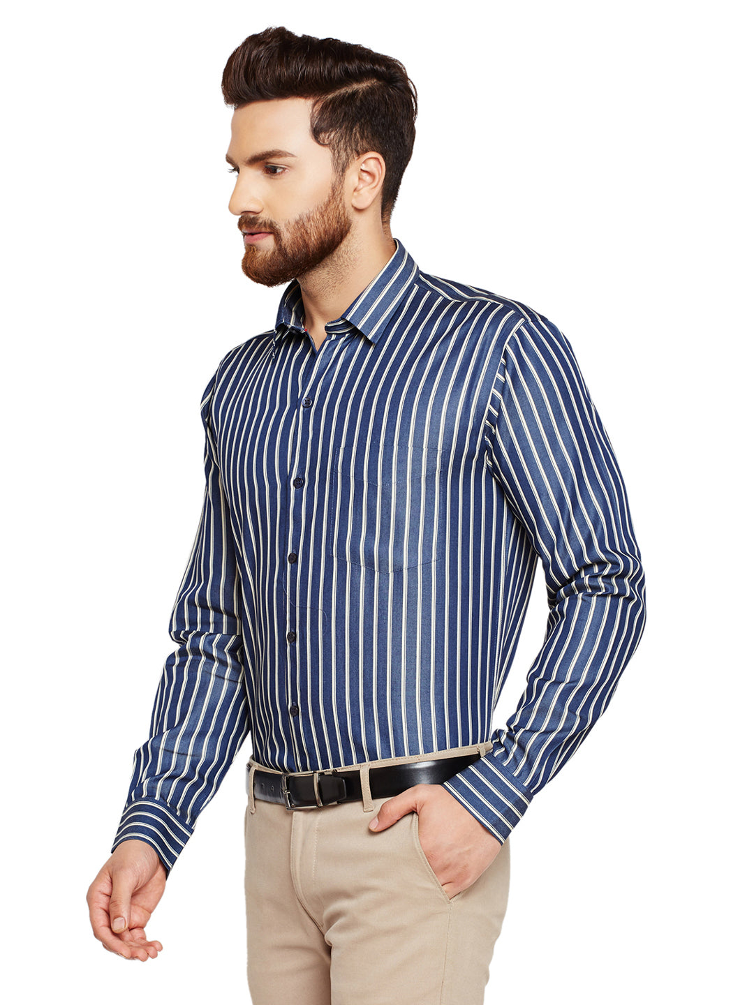 Men Navy Blue Stripes Slim Fit Pure Cotton Formal Shirt