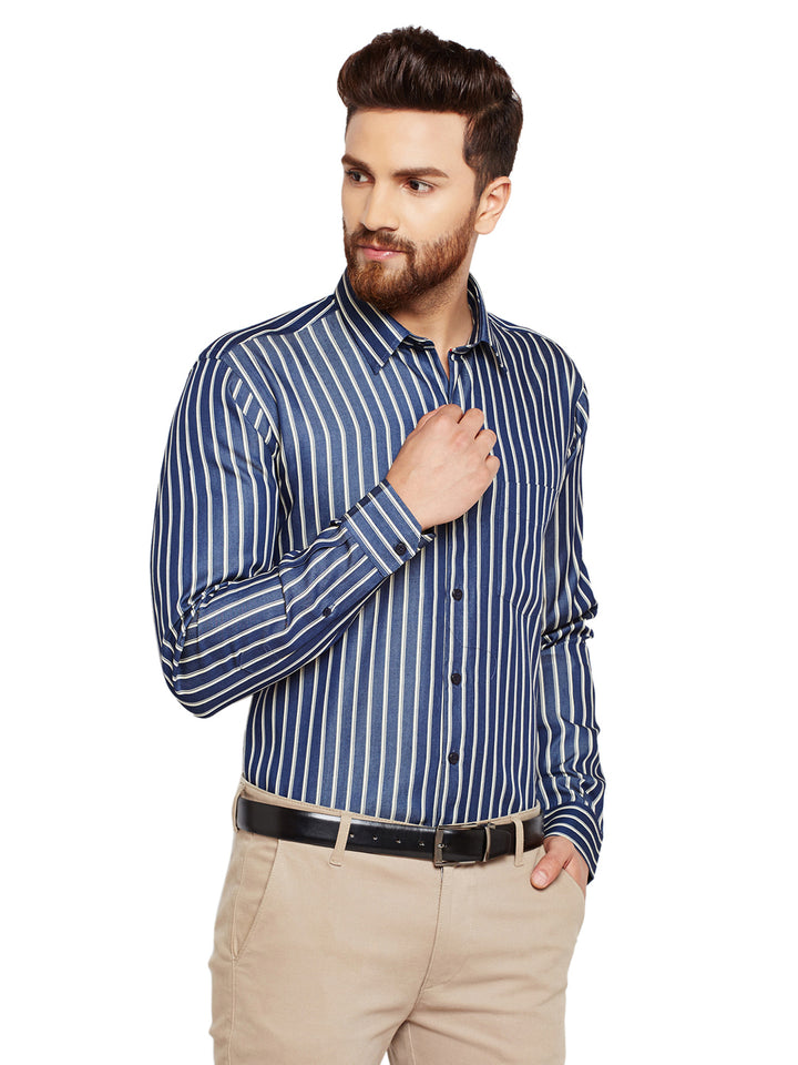 Men Navy Blue Stripes Slim Fit Pure Cotton Formal Shirt