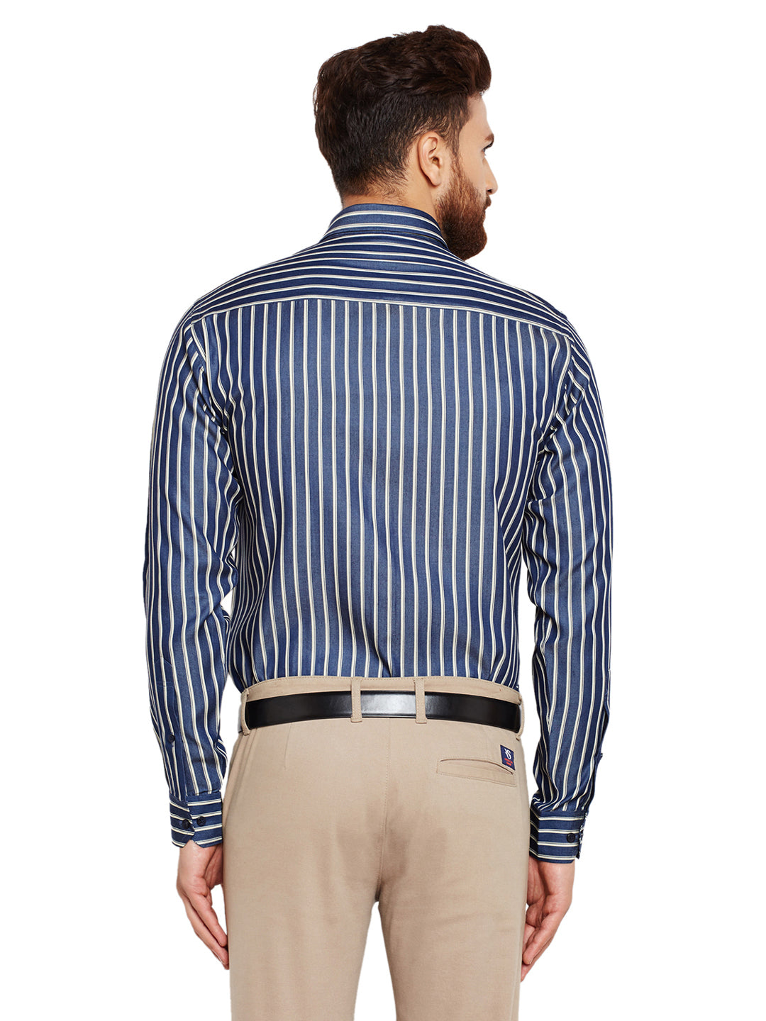 Men Navy Blue Stripes Slim Fit Pure Cotton Formal Shirt