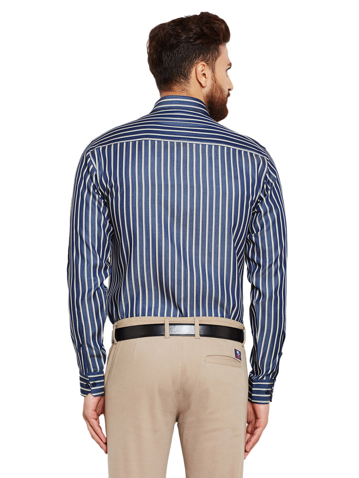 Men Navy Blue Stripes Slim Fit Pure Cotton Formal Shirt