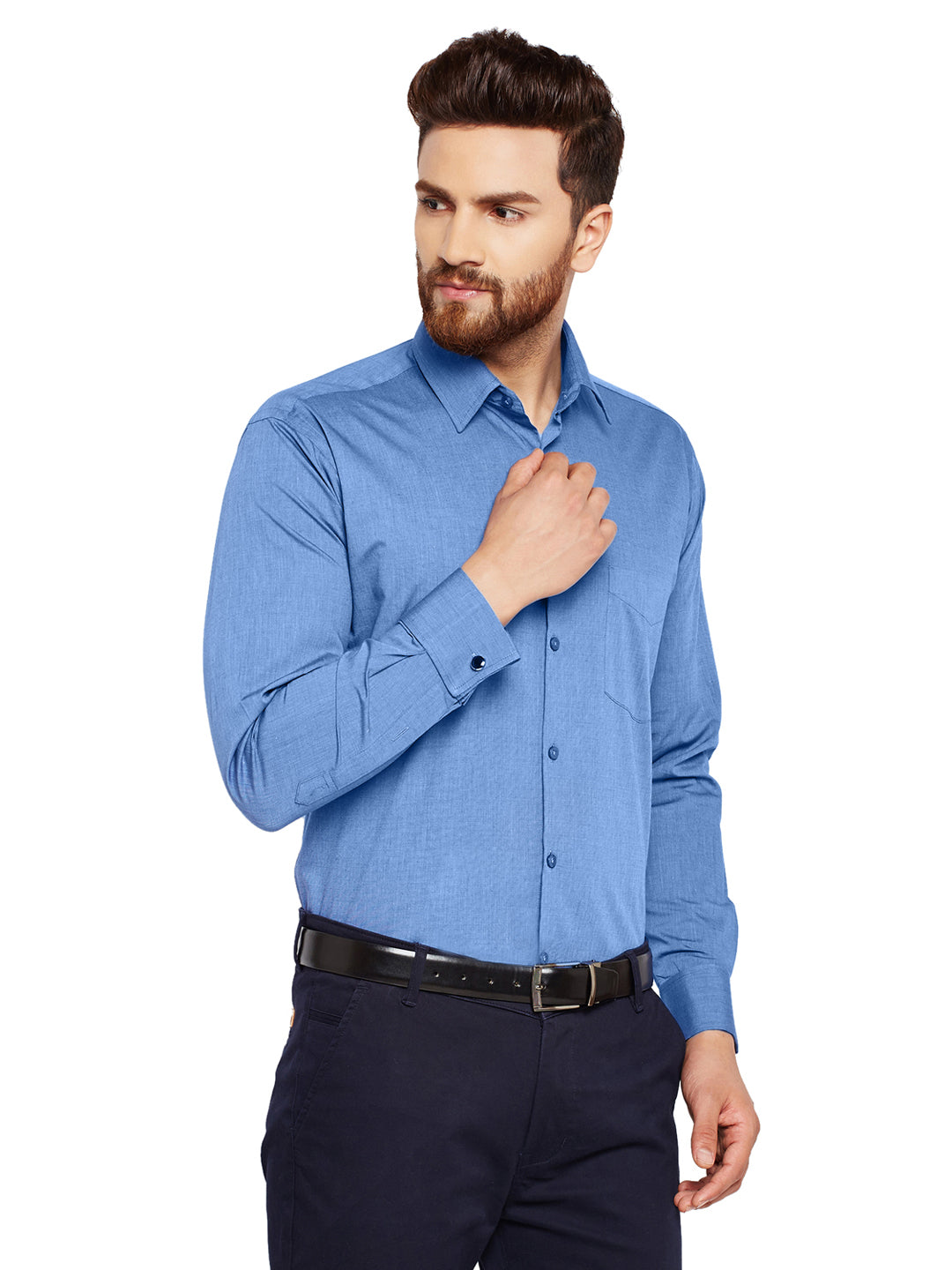 Men Blue Solid Slim Fit Pure Cotton Formal Shirt