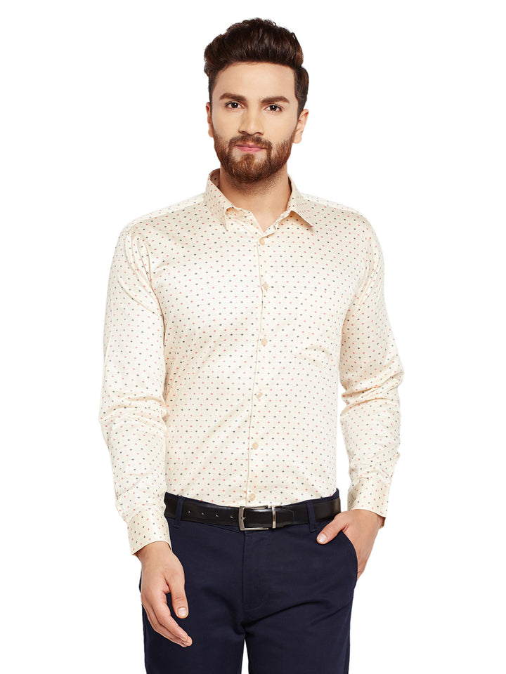 Men Beige prints Slim Fit Pure Cotton Formal Shirt