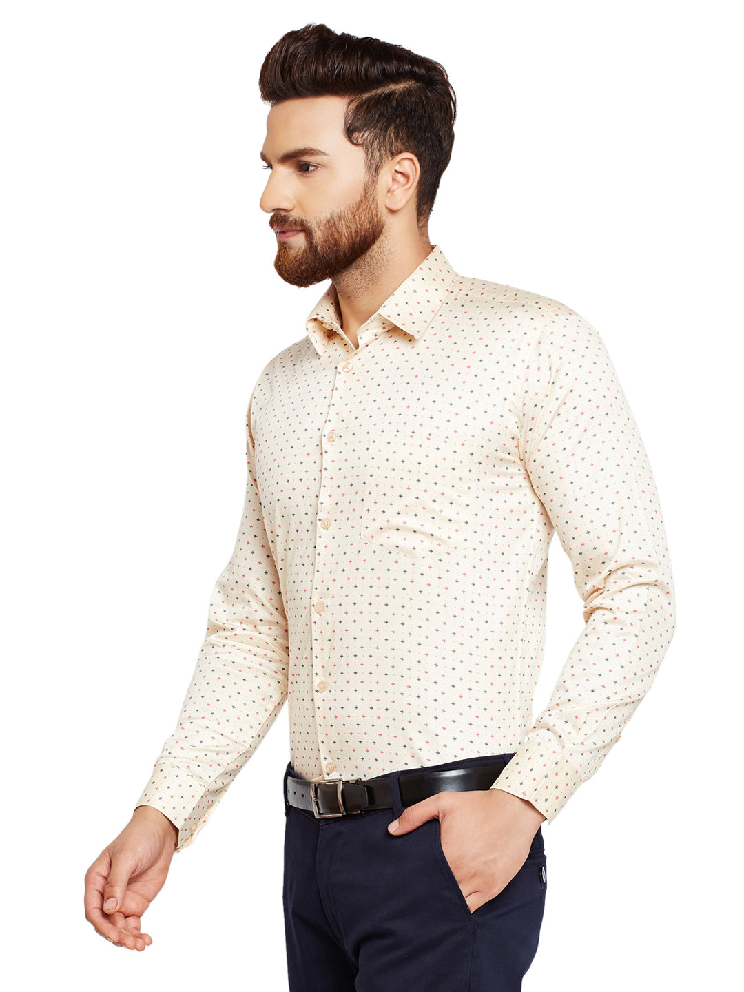Men Beige prints Slim Fit Pure Cotton Formal Shirt