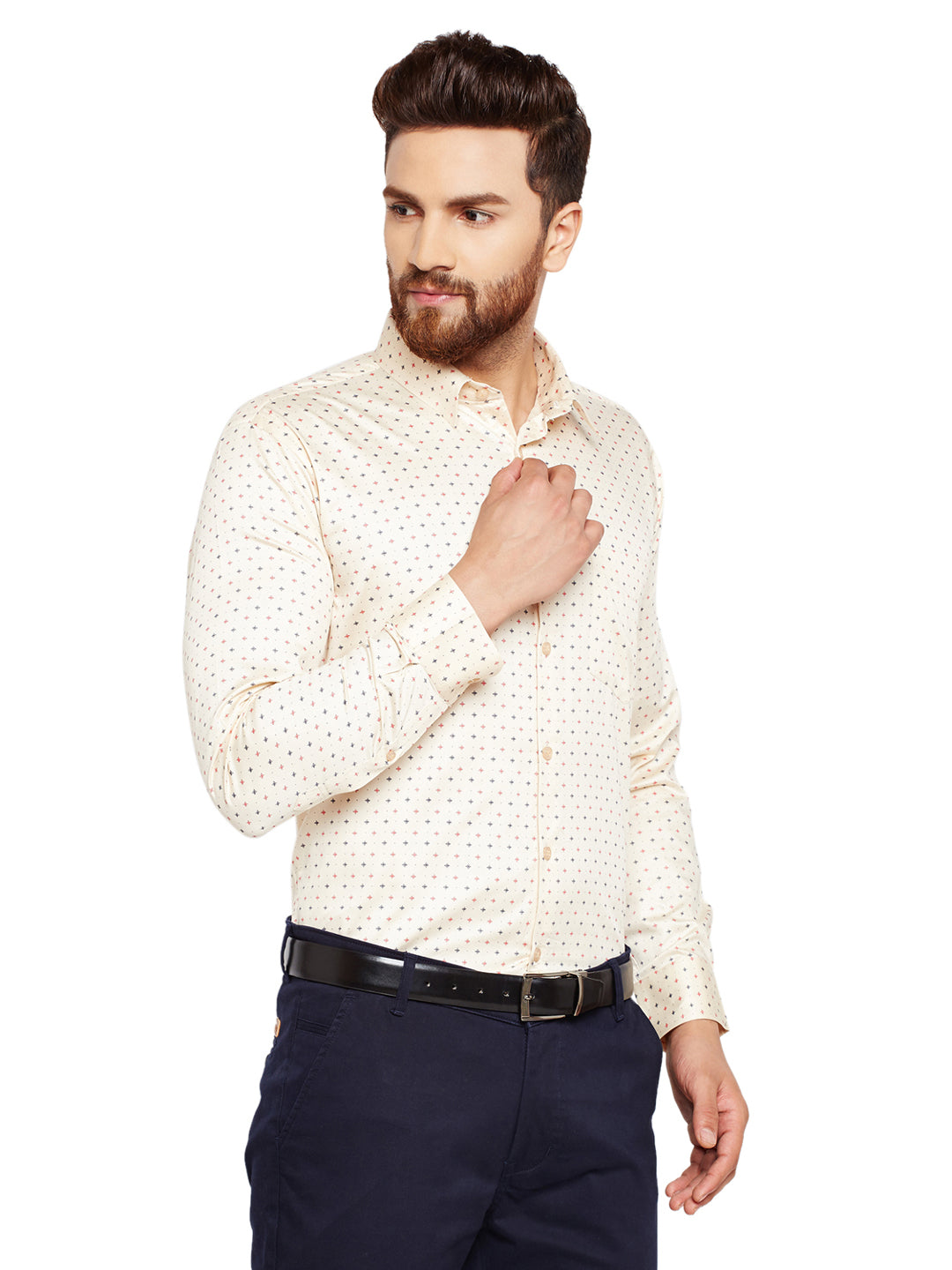 Men Beige prints Slim Fit Pure Cotton Formal Shirt