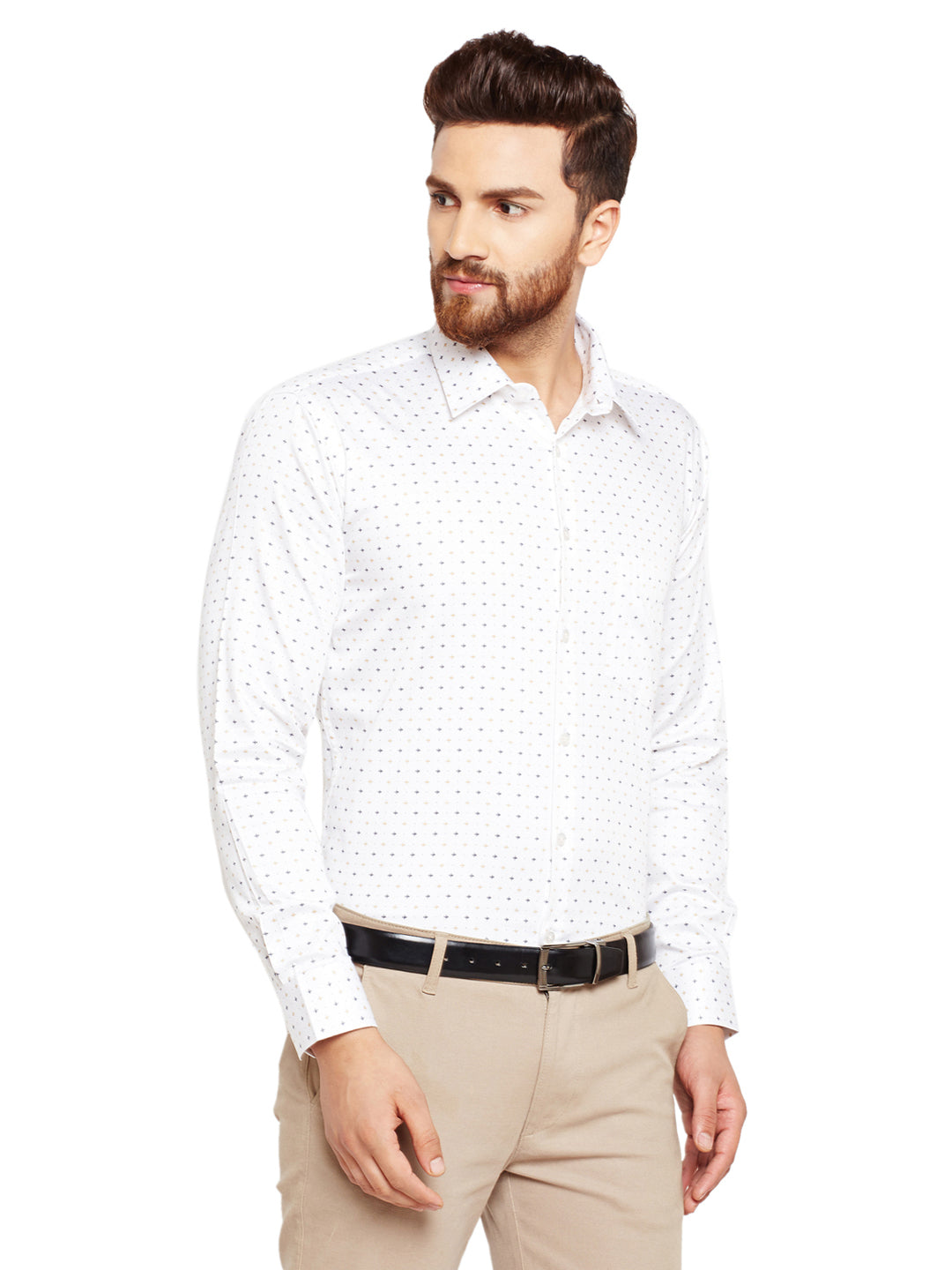 Men Cream Prints Pure Cotton Slim Fit Formal Shirt