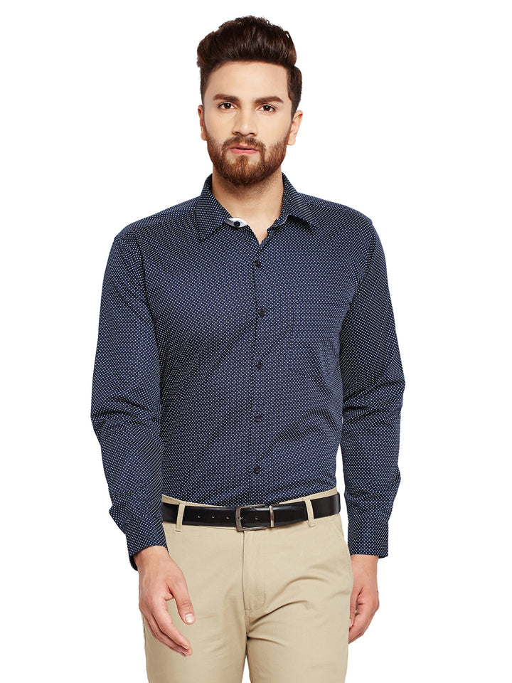 Men Navy Blue Prints Slim Fit Pure Cotton Formal Shirt