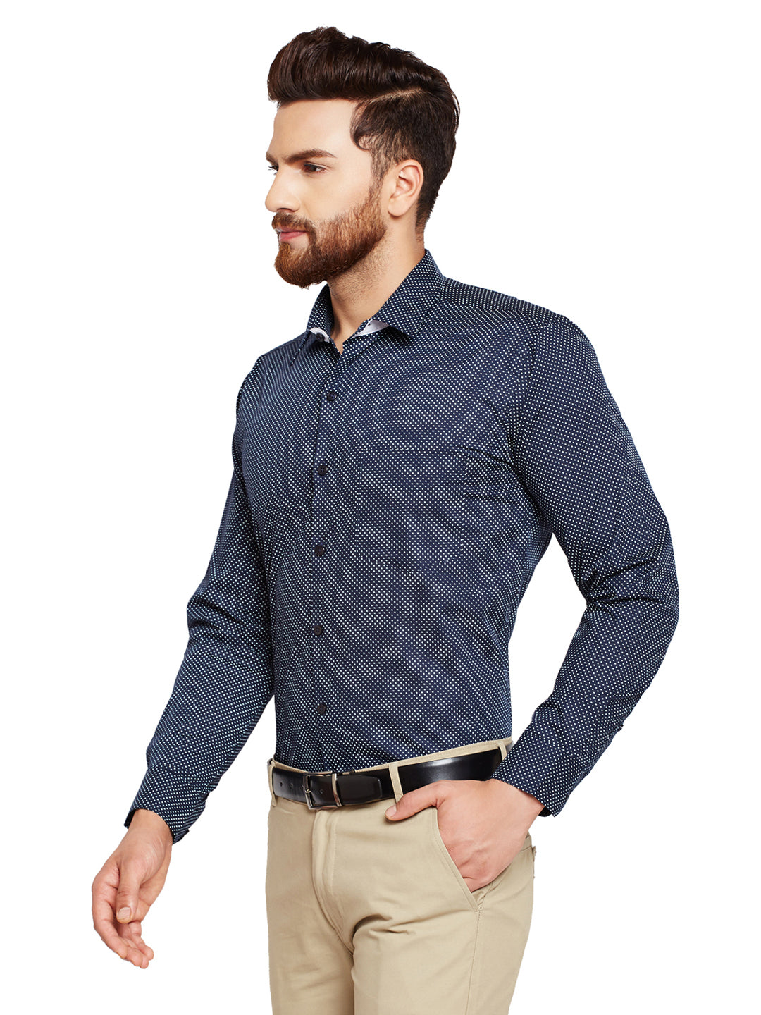 Men Navy Blue Prints Slim Fit Pure Cotton Formal Shirt