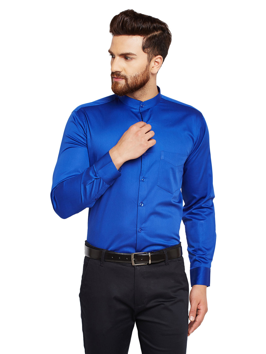 Men Royal Blue Solid Slim Fit Pure Cotton Satin Formal Shirt