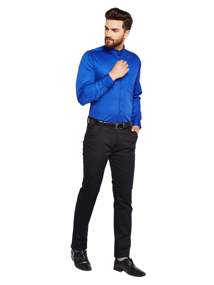 Men Royal Blue Solid Slim Fit Pure Cotton Satin Formal Shirt