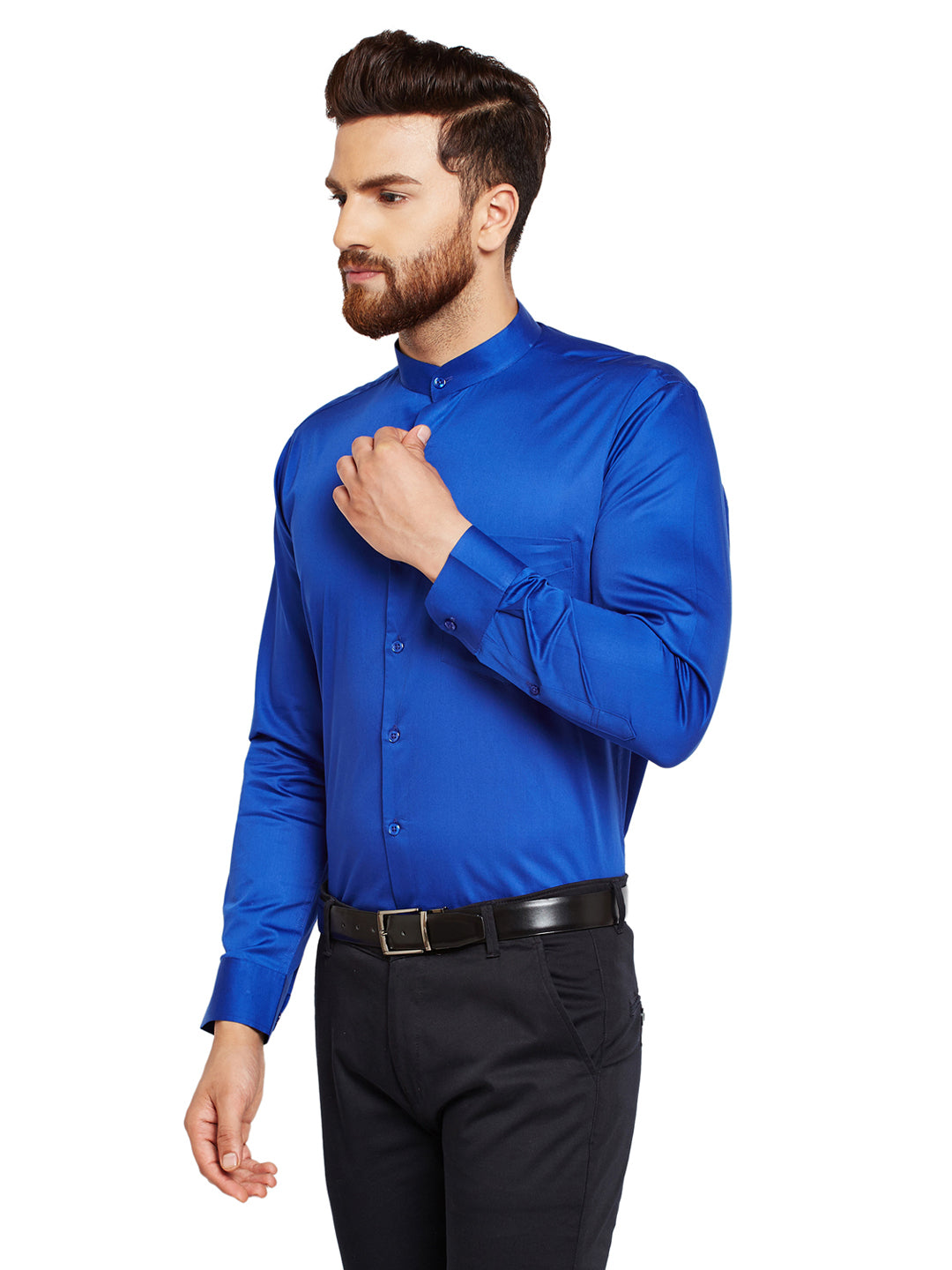 Men Royal Blue Solid Slim Fit Pure Cotton Satin Formal Shirt