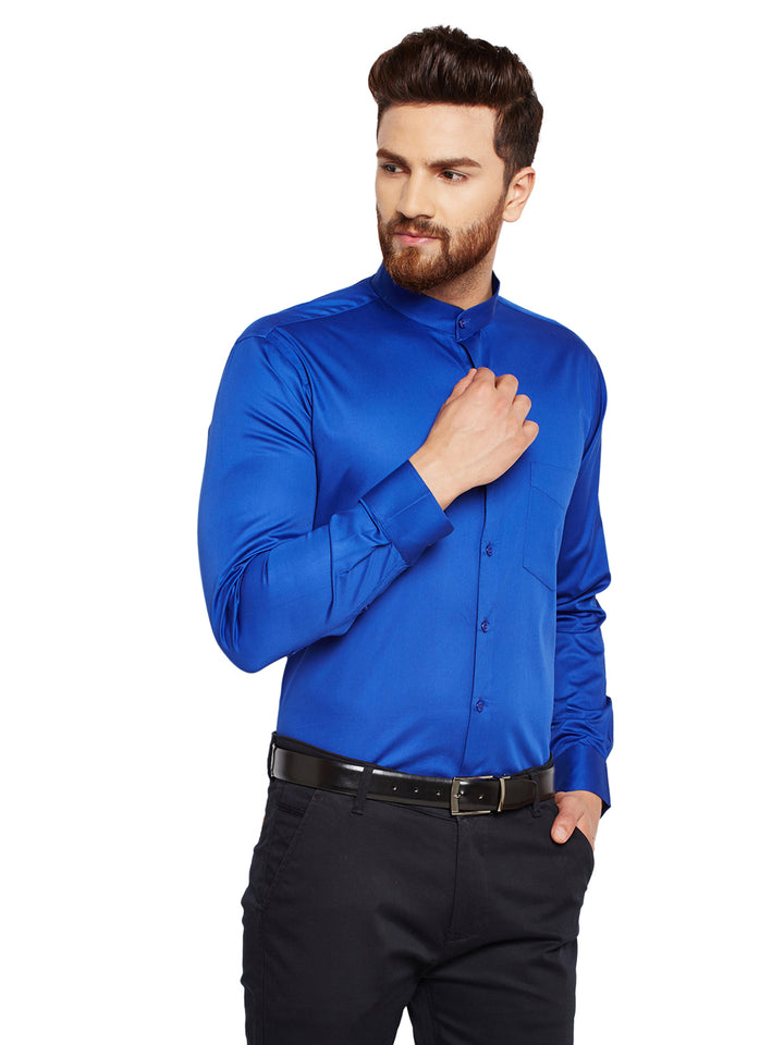 Men Royal Blue Solid Slim Fit Pure Cotton Satin Formal Shirt