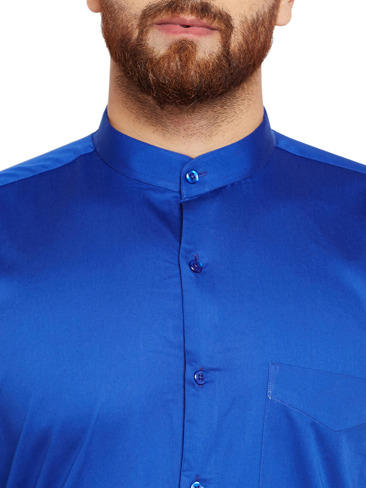 Men Royal Blue Solid Slim Fit Pure Cotton Satin Formal Shirt
