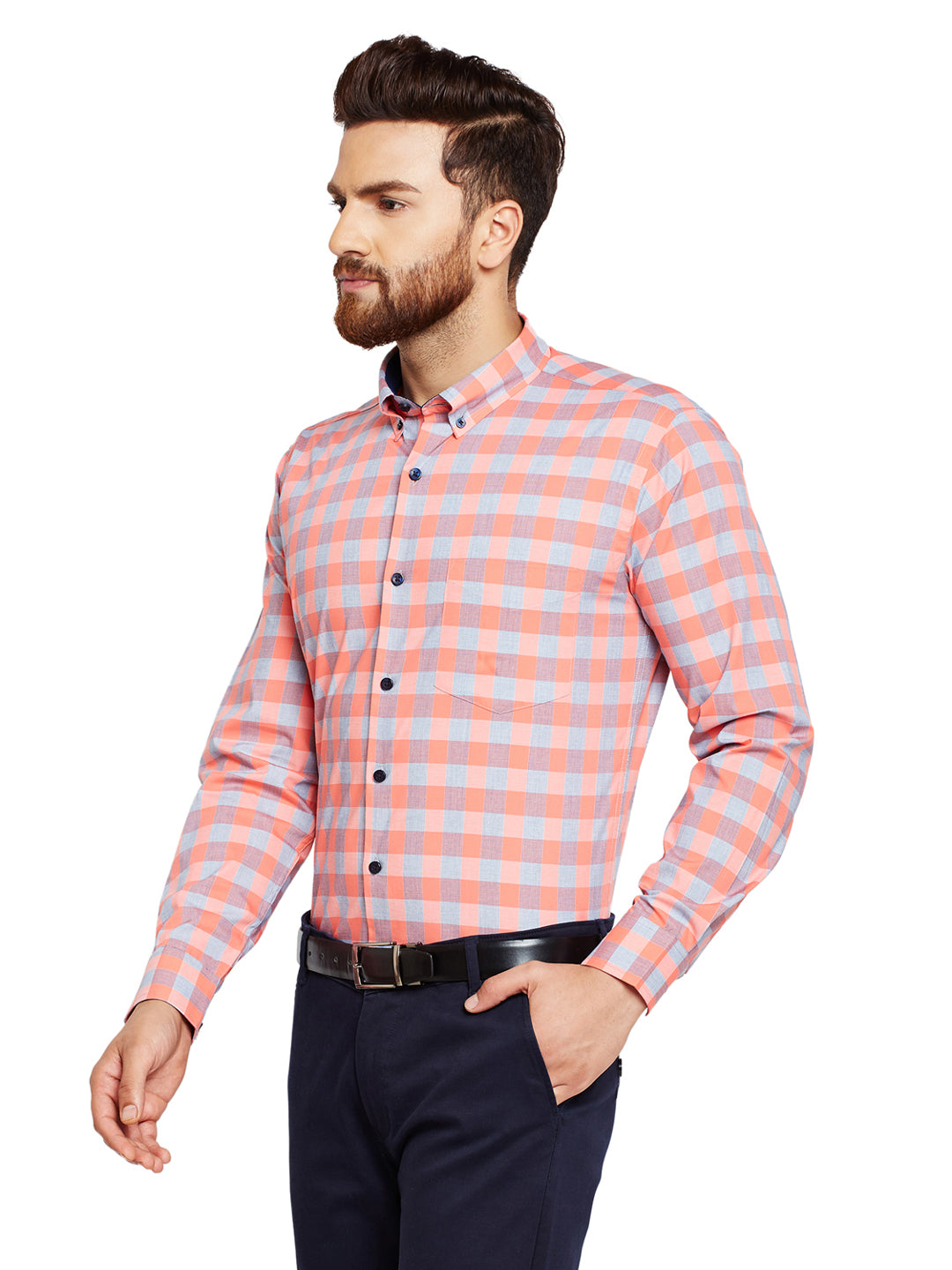 Men Coral Checks Slim Fit Pure Cotton Formal Shirt