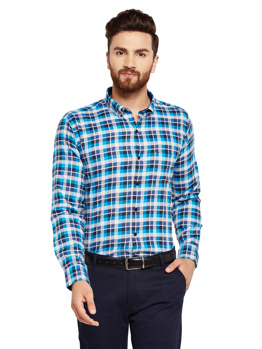 Men Blue Checks Slim Fit Pure Cotton Formal Shirt