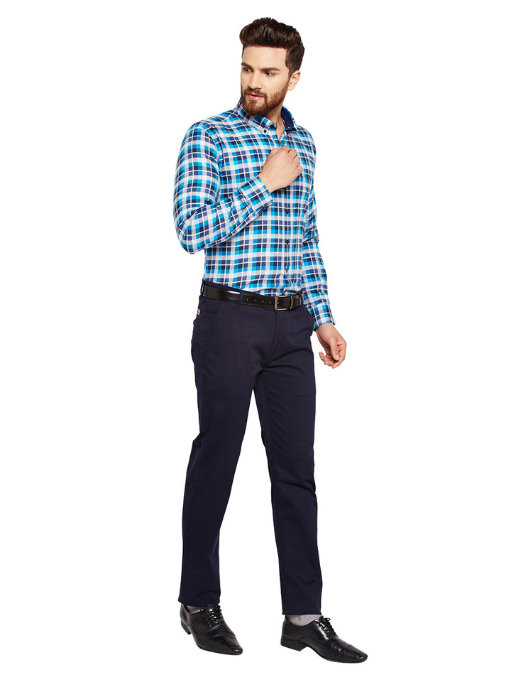 Men Blue Checks Slim Fit Pure Cotton Formal Shirt