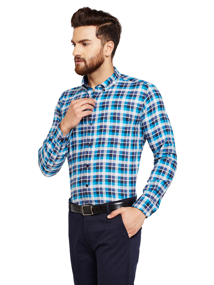 Men Blue Checks Slim Fit Pure Cotton Formal Shirt