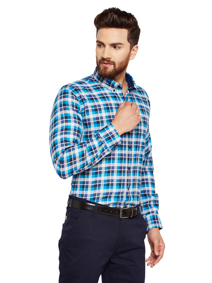Men Blue Checks Slim Fit Pure Cotton Formal Shirt