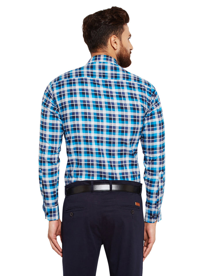 Men Blue Checks Slim Fit Pure Cotton Formal Shirt