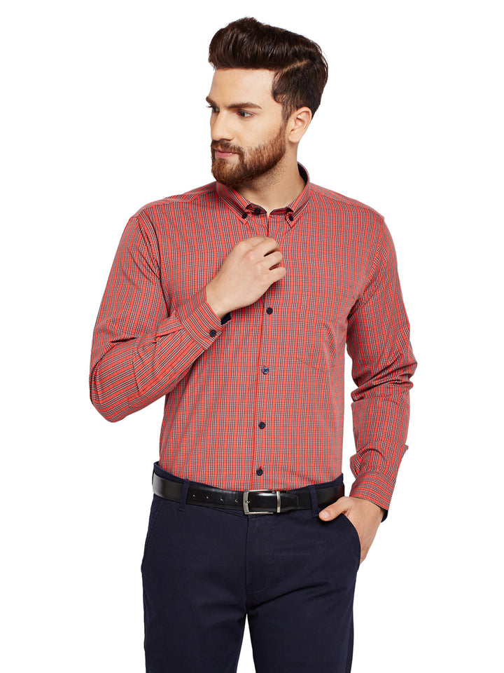 Men Orange Checks Slim Fit Pure Cotton Formal Shirt