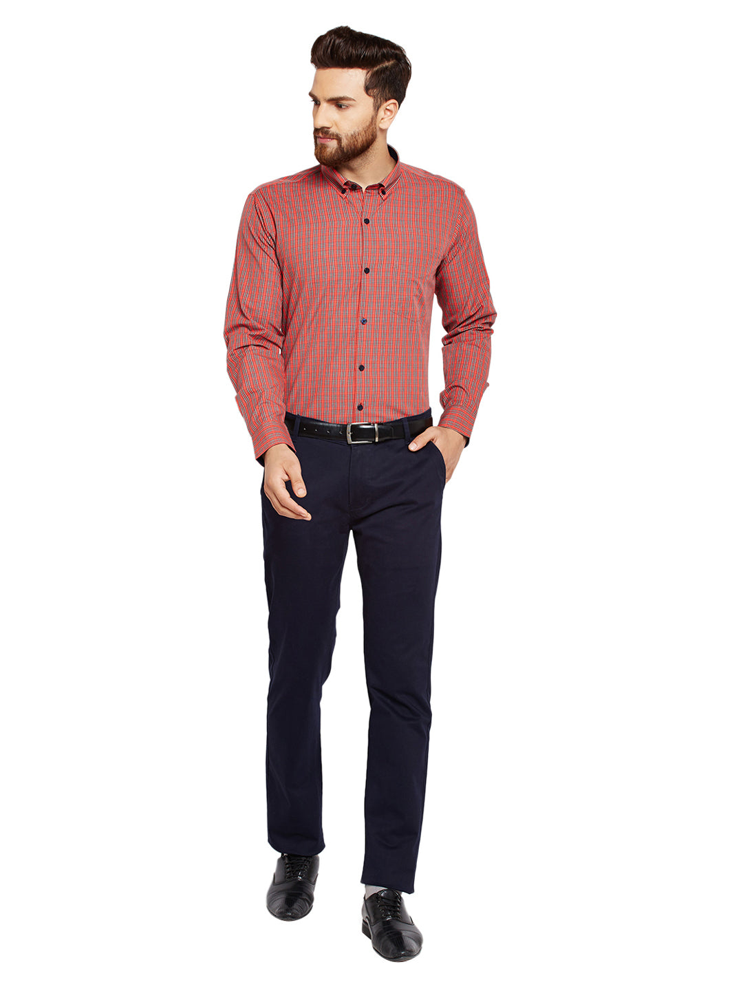Men Orange Checks Slim Fit Pure Cotton Formal Shirt