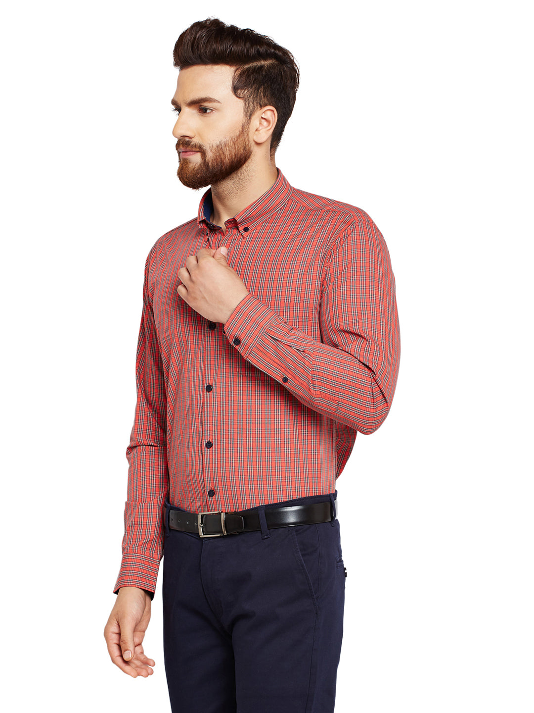 Men Orange Checks Slim Fit Pure Cotton Formal Shirt