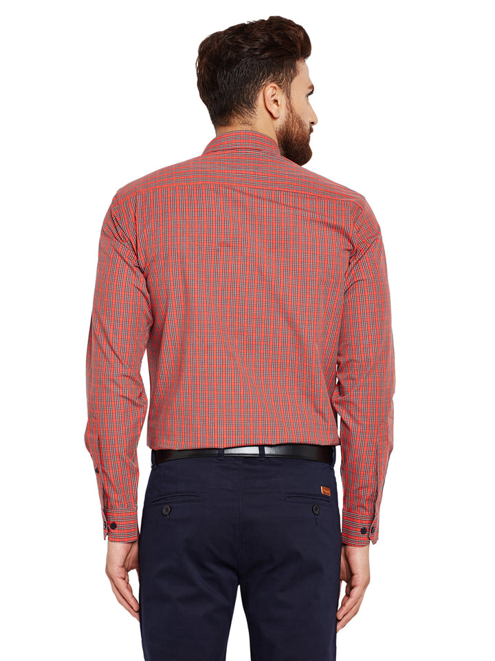 Men Orange Checks Slim Fit Pure Cotton Formal Shirt