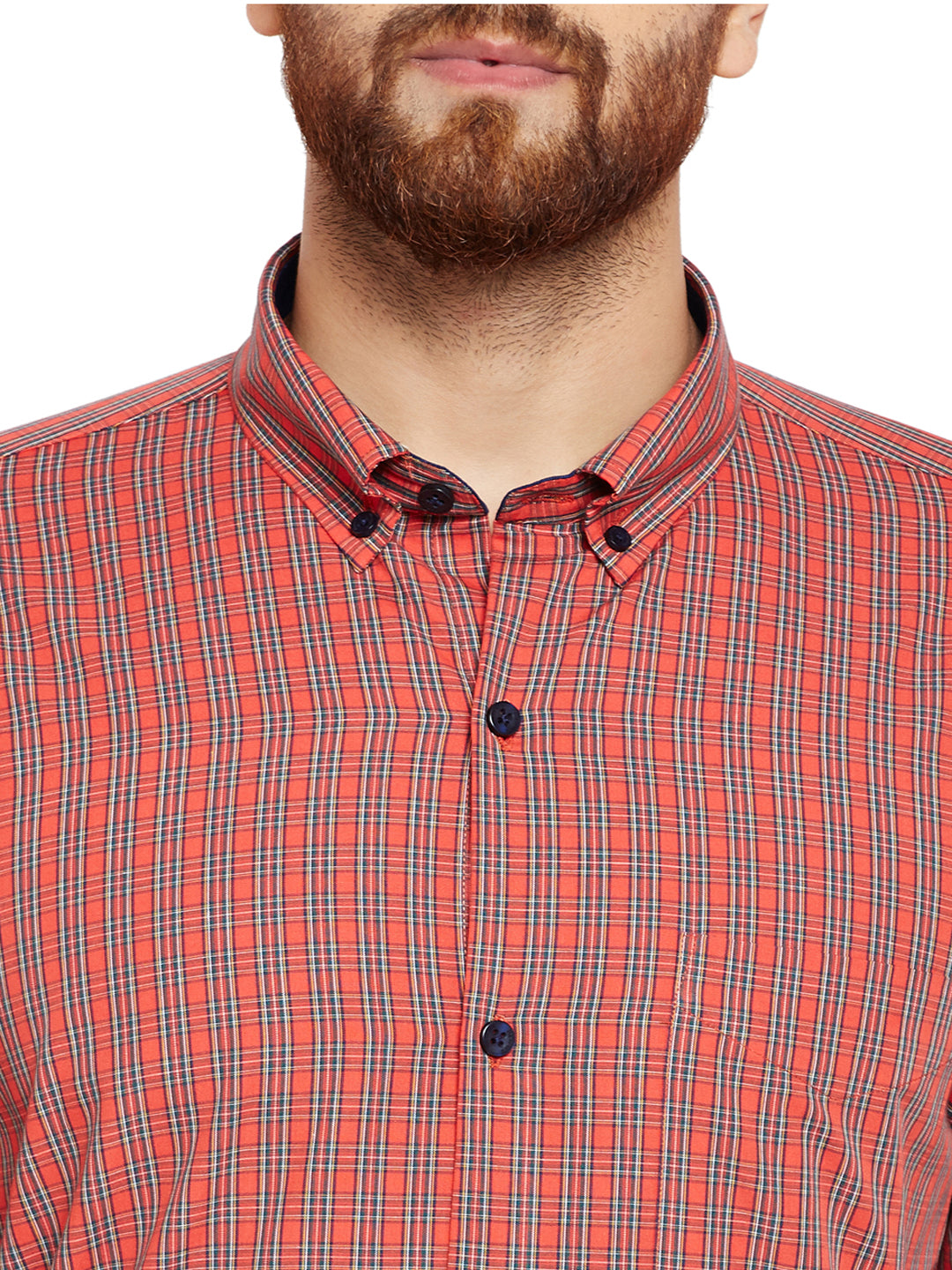 Men Orange Checks Slim Fit Pure Cotton Formal Shirt