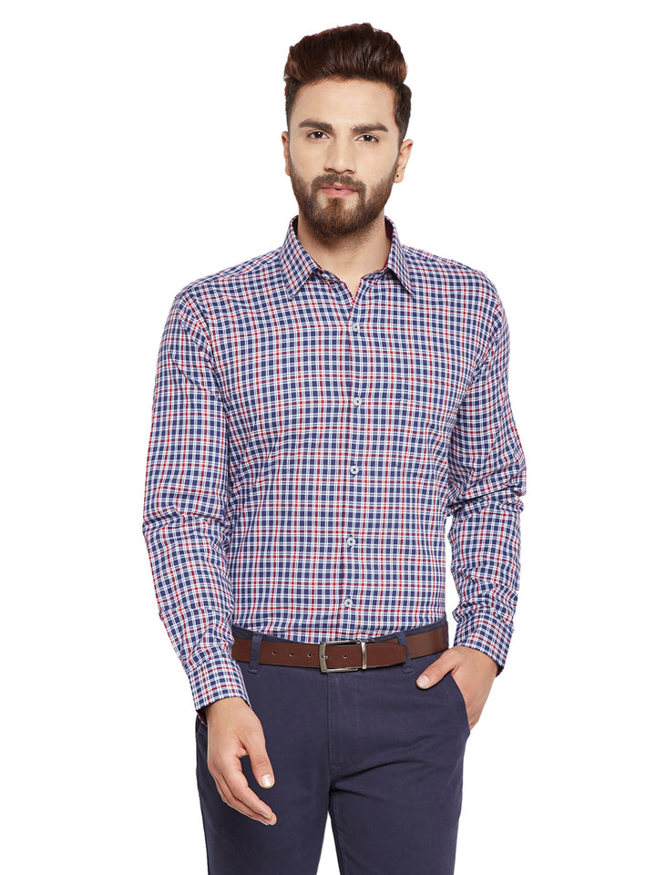 Men Navy Blue Checks Slim Fit Pure Cotton Formal Shirt