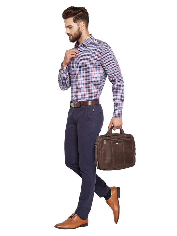 Men Navy Blue Checks Slim Fit Pure Cotton Formal Shirt
