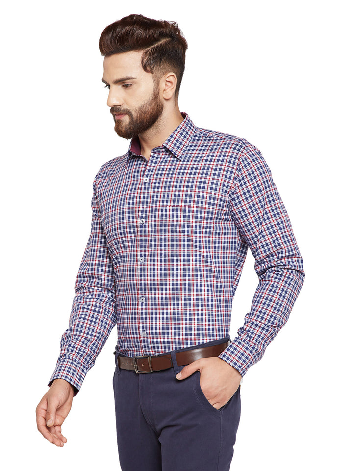 Men Navy Blue Checks Slim Fit Pure Cotton Formal Shirt