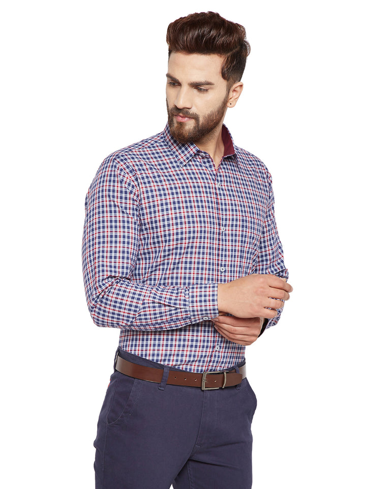 Men Navy Blue Checks Slim Fit Pure Cotton Formal Shirt