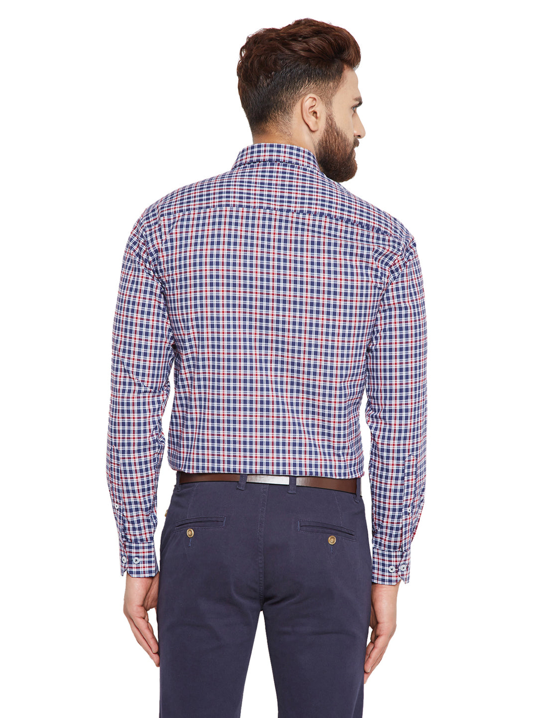 Men Navy Blue Checks Slim Fit Pure Cotton Formal Shirt