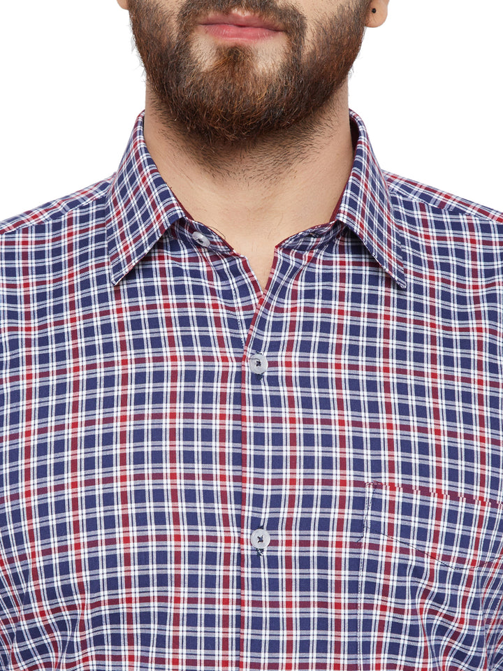 Men Navy Blue Checks Slim Fit Pure Cotton Formal Shirt