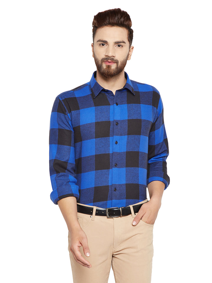 Men Blue & Black Checks Slim Fit Pure Cotton Formal Shirt
