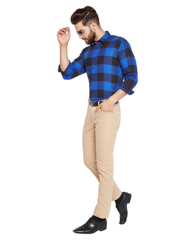 Men Blue & Black Checks Slim Fit Pure Cotton Formal Shirt
