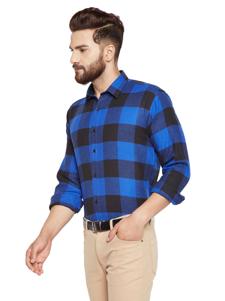 Men Blue & Black Checks Slim Fit Pure Cotton Formal Shirt