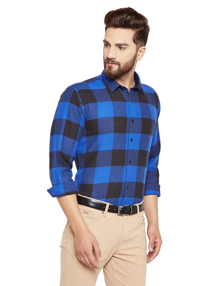 Men Blue & Black Checks Slim Fit Pure Cotton Formal Shirt